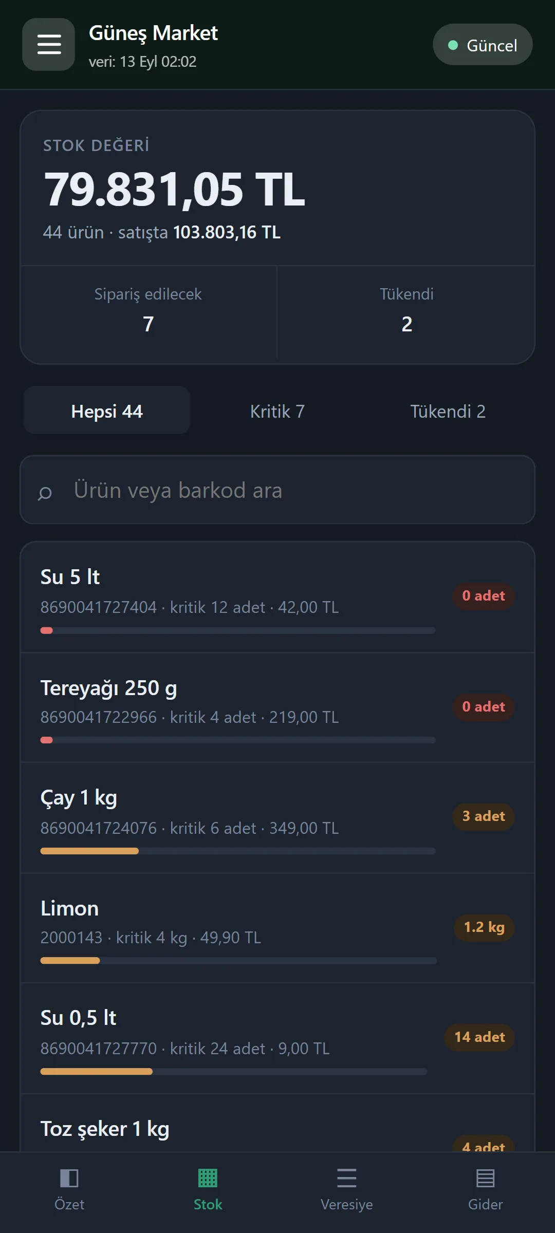 EsnafGo telefon uygulamasının stok ekranı: tükenen ve kritik seviyedeki ürünler, stok değeri